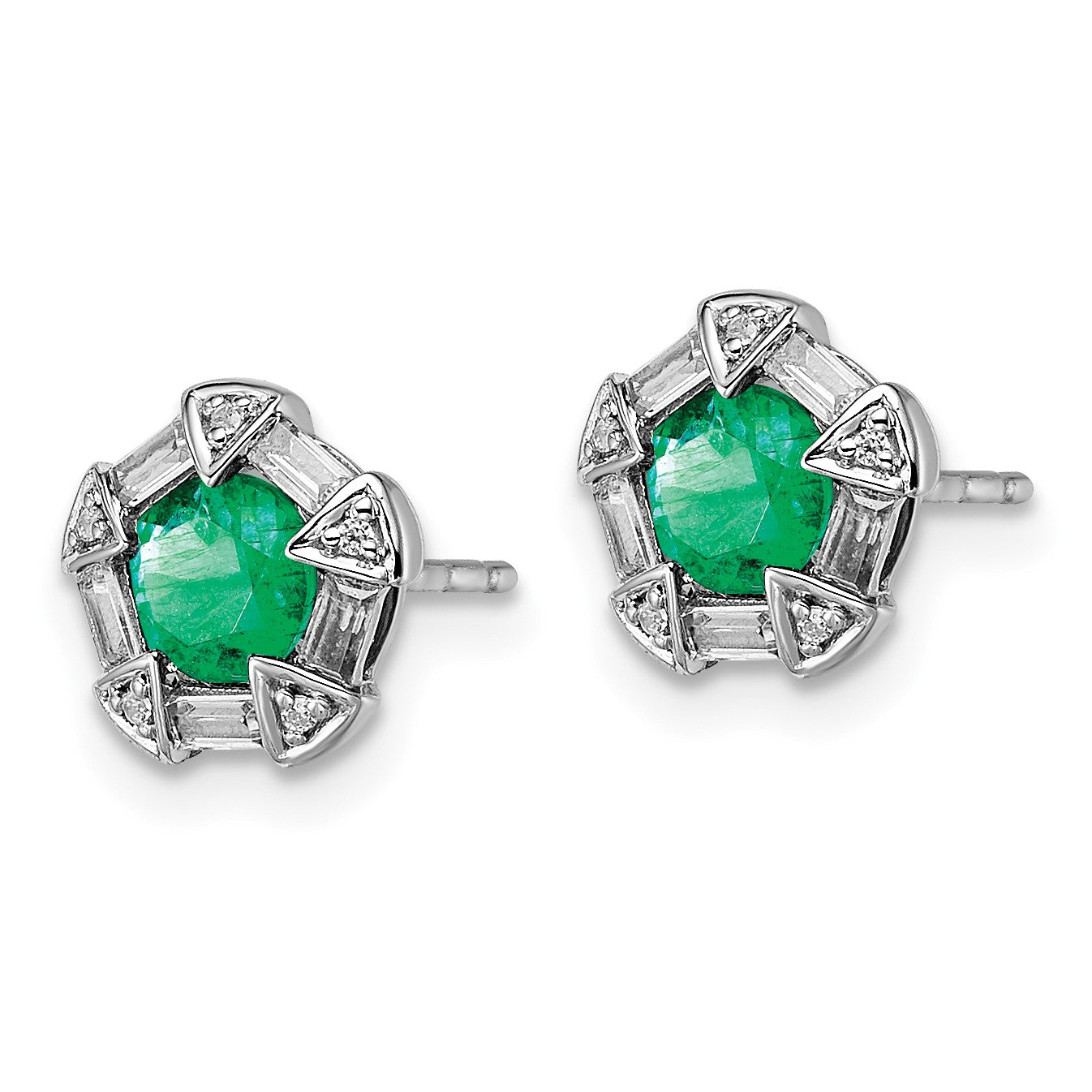 14k White Gold 4.5mm Round Emerald and Diamond Post Earrings
