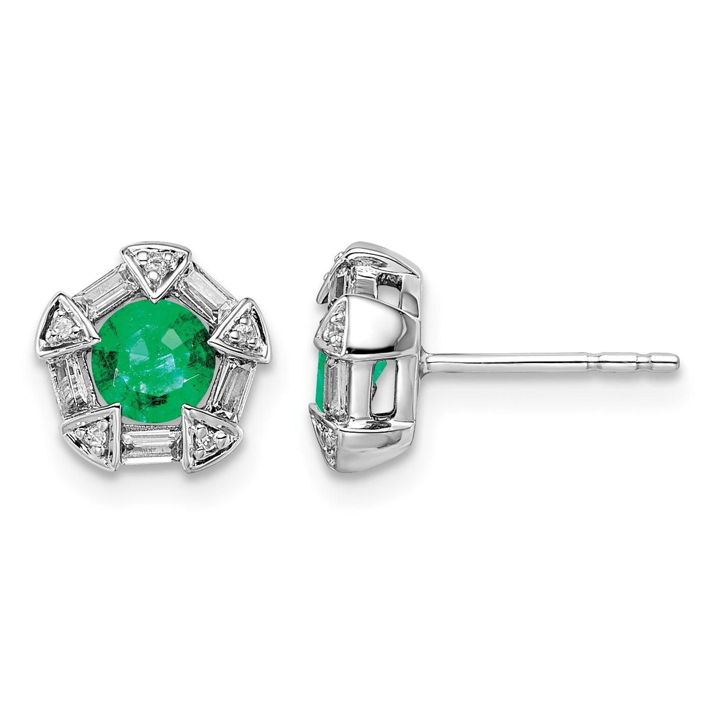 14k White Gold 4.5mm Round Emerald and Diamond Post Earrings