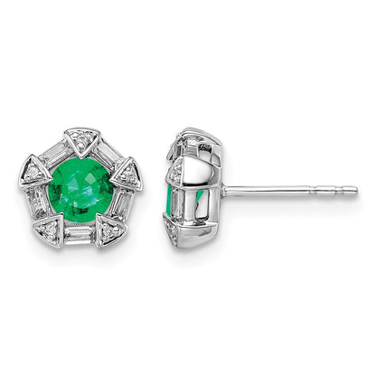 14k White Gold 4.5mm Round Emerald and Diamond Post Earrings