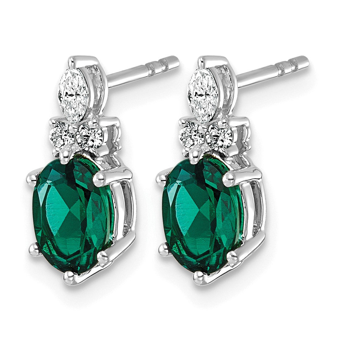 14K White Gold Diamond and 7x5 Oval May/Lab Created Emerald Post Earrings