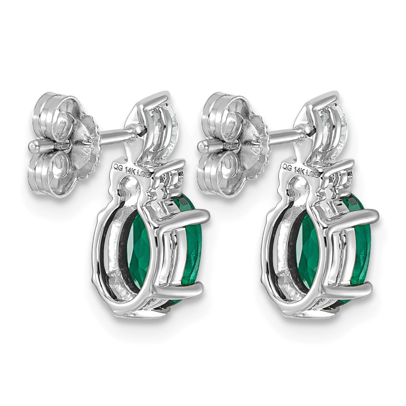 14K White Gold Diamond and 7x5 Oval May/Lab Created Emerald Post Earrings