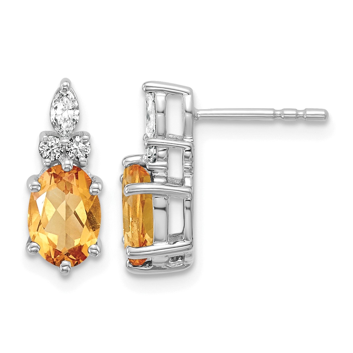 14K White Gold Diamond and 7x5 Oval November/Citrine Post Earrings