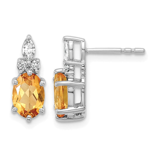 14K White Gold Diamond and 7x5 Oval November/Citrine Post Earrings