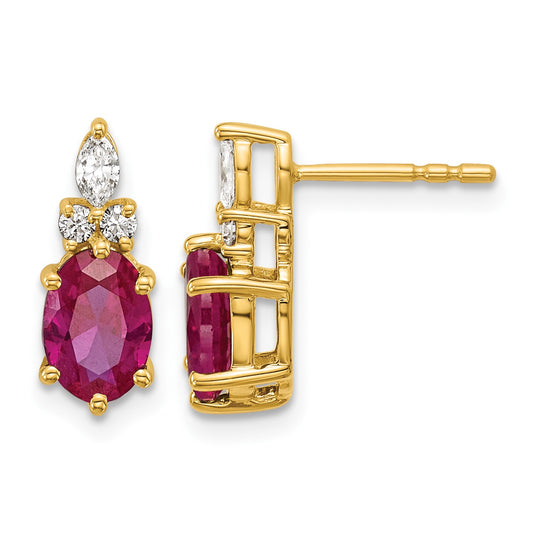 14k Diamond and 7x5 Oval July/Lab Created Ruby Post Earrings