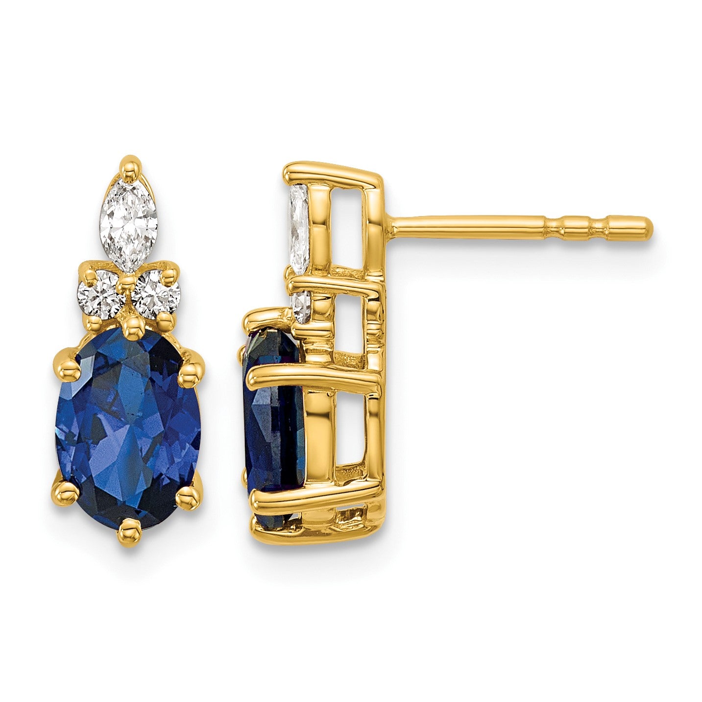 14k Diamond and 7x5 Oval September/Lab Created Sapphire Post Earrings