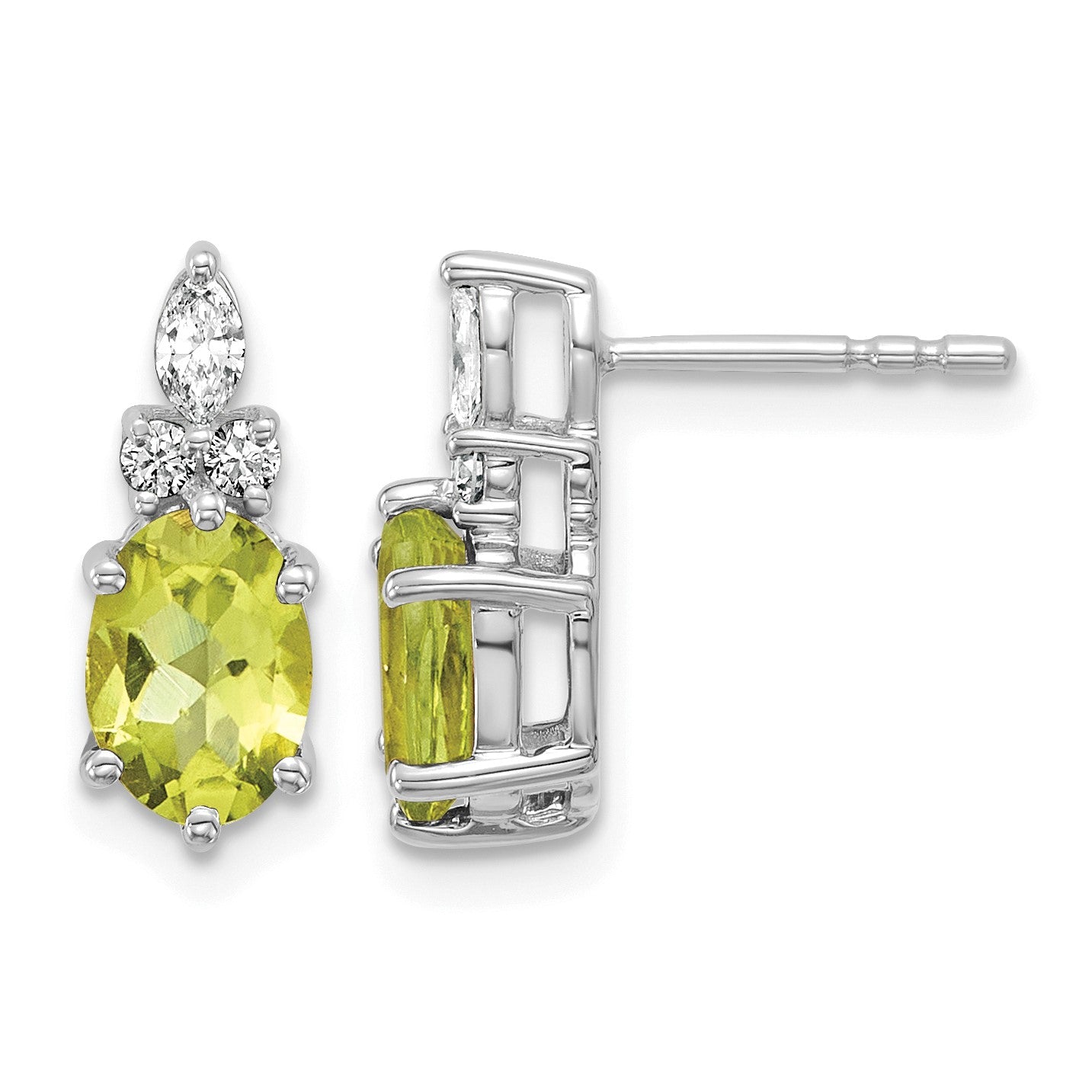 14K White Gold Diamond and 7x5 Oval August/Peridot Post Earrings