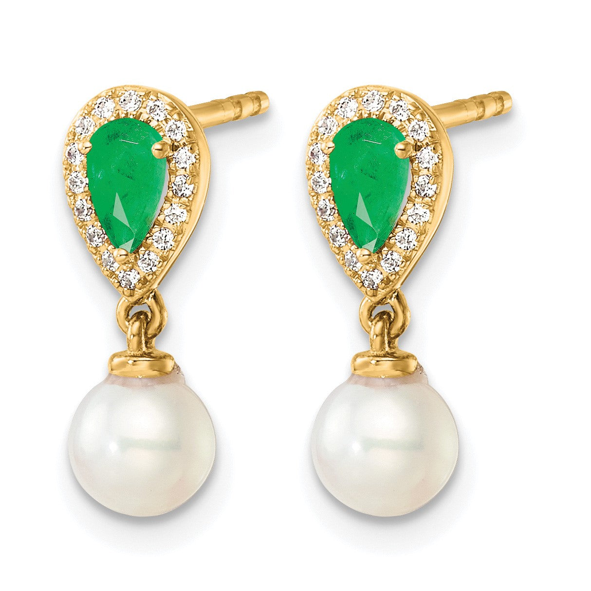 14K White Round Freshwater Cultured Pearl/.09 carat Diamond/Pear Emerald Dangle Post Earrings