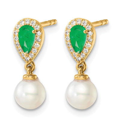 14K White Round Freshwater Cultured Pearl/.09 carat Diamond/Pear Emerald Dangle Post Earrings
