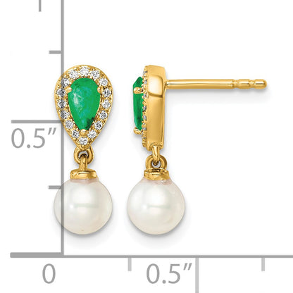 14K White Round Freshwater Cultured Pearl/.09 carat Diamond/Pear Emerald Dangle Post Earrings