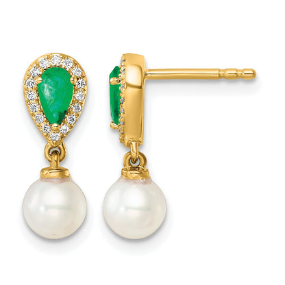14K White Round Freshwater Cultured Pearl/.09 carat Diamond/Pear Emerald Dangle Post Earrings