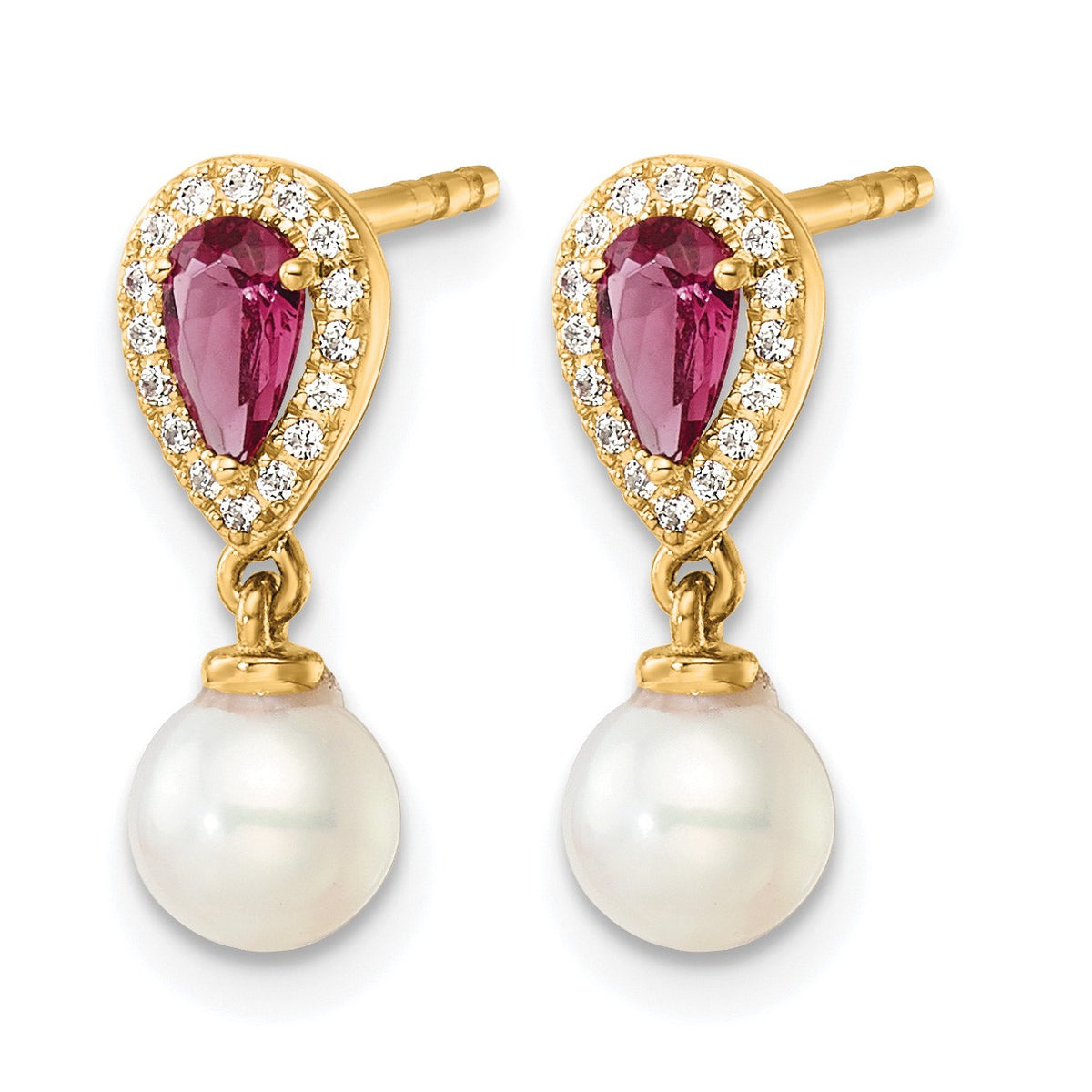 14K White Round Freshwater Cultured Pearl/.09 carat Diamond/Pear Ruby Dangle Post Earrings