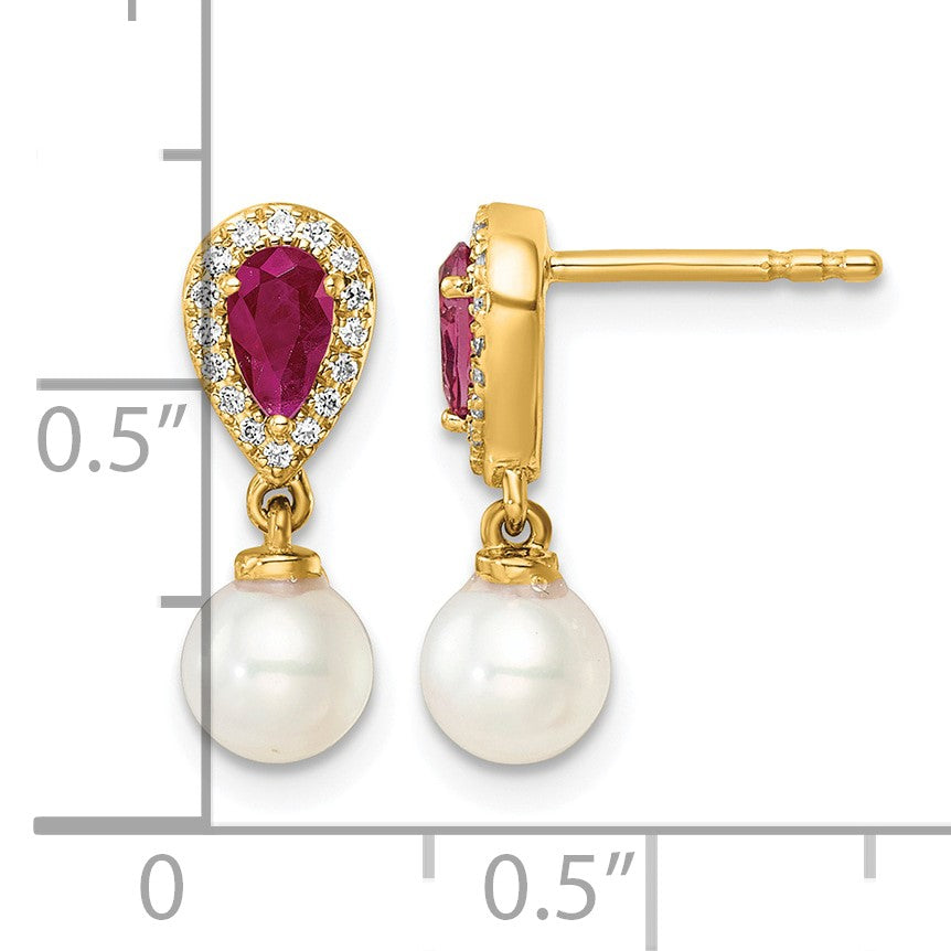 14K White Round Freshwater Cultured Pearl/.09 carat Diamond/Pear Ruby Dangle Post Earrings