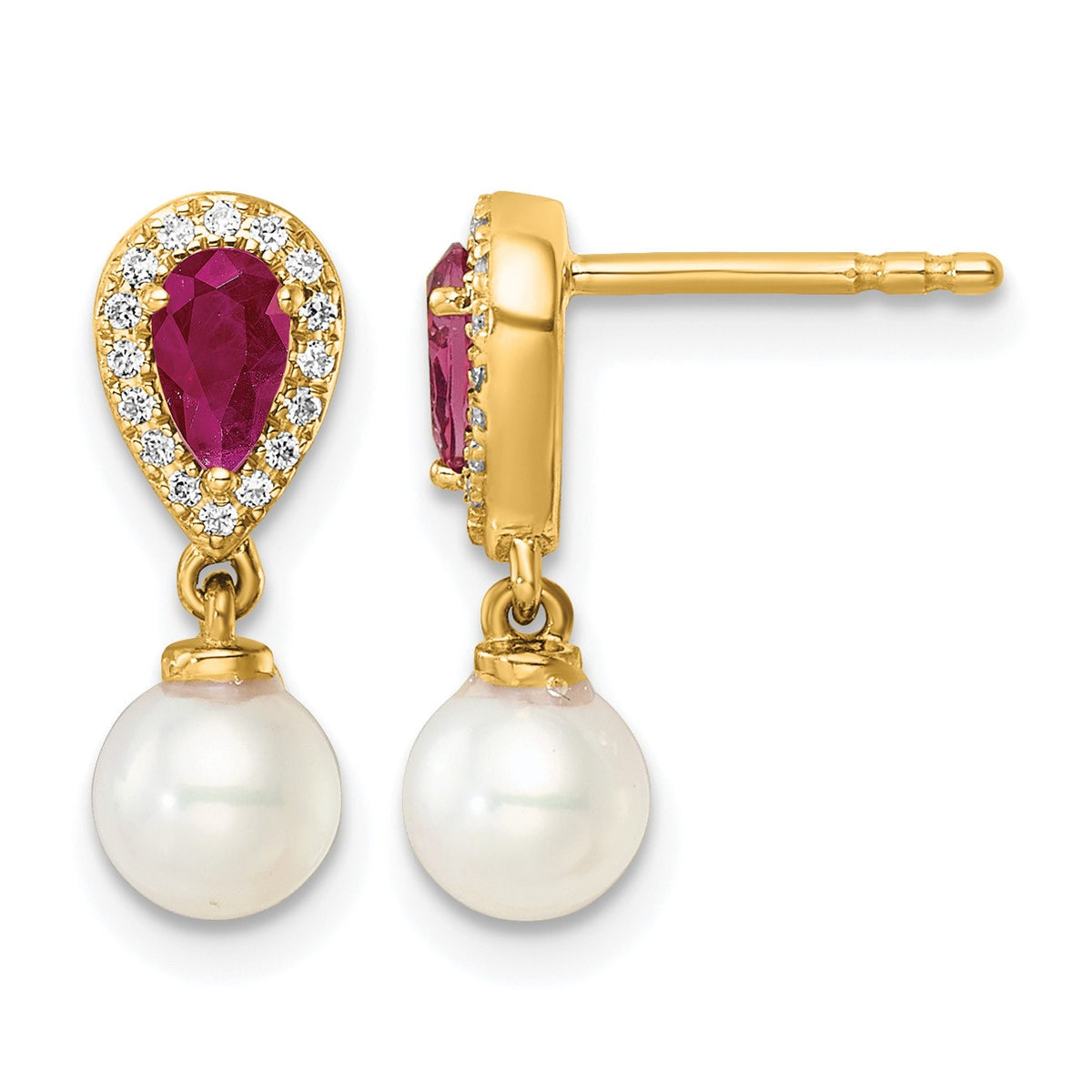 14K White Round Freshwater Cultured Pearl/.09 carat Diamond/Pear Ruby Dangle Post Earrings