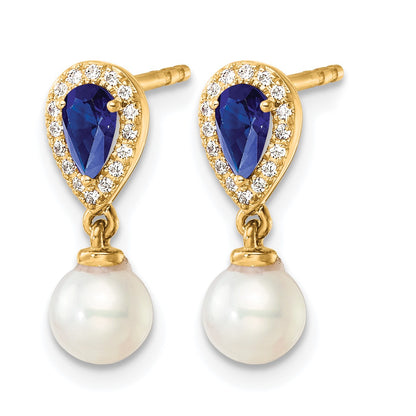 14K White Round Freshwater Cultured Pearl/.09 carat Diamond/Pear Sapphire Dangle Post Earrings