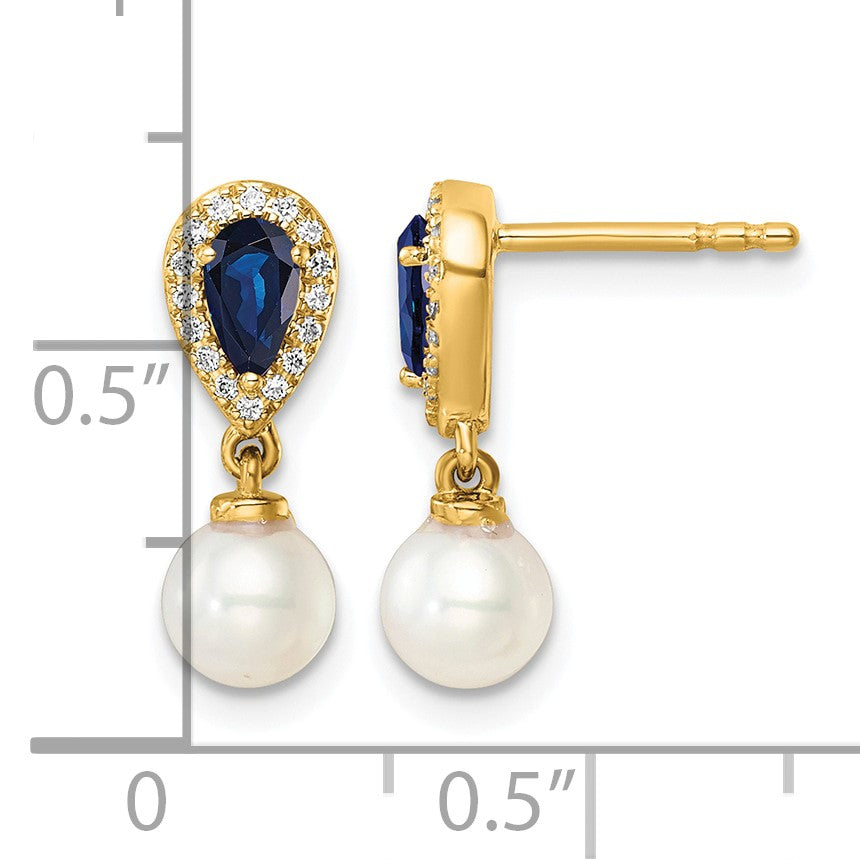 14K White Round Freshwater Cultured Pearl/.09 carat Diamond/Pear Sapphire Dangle Post Earrings