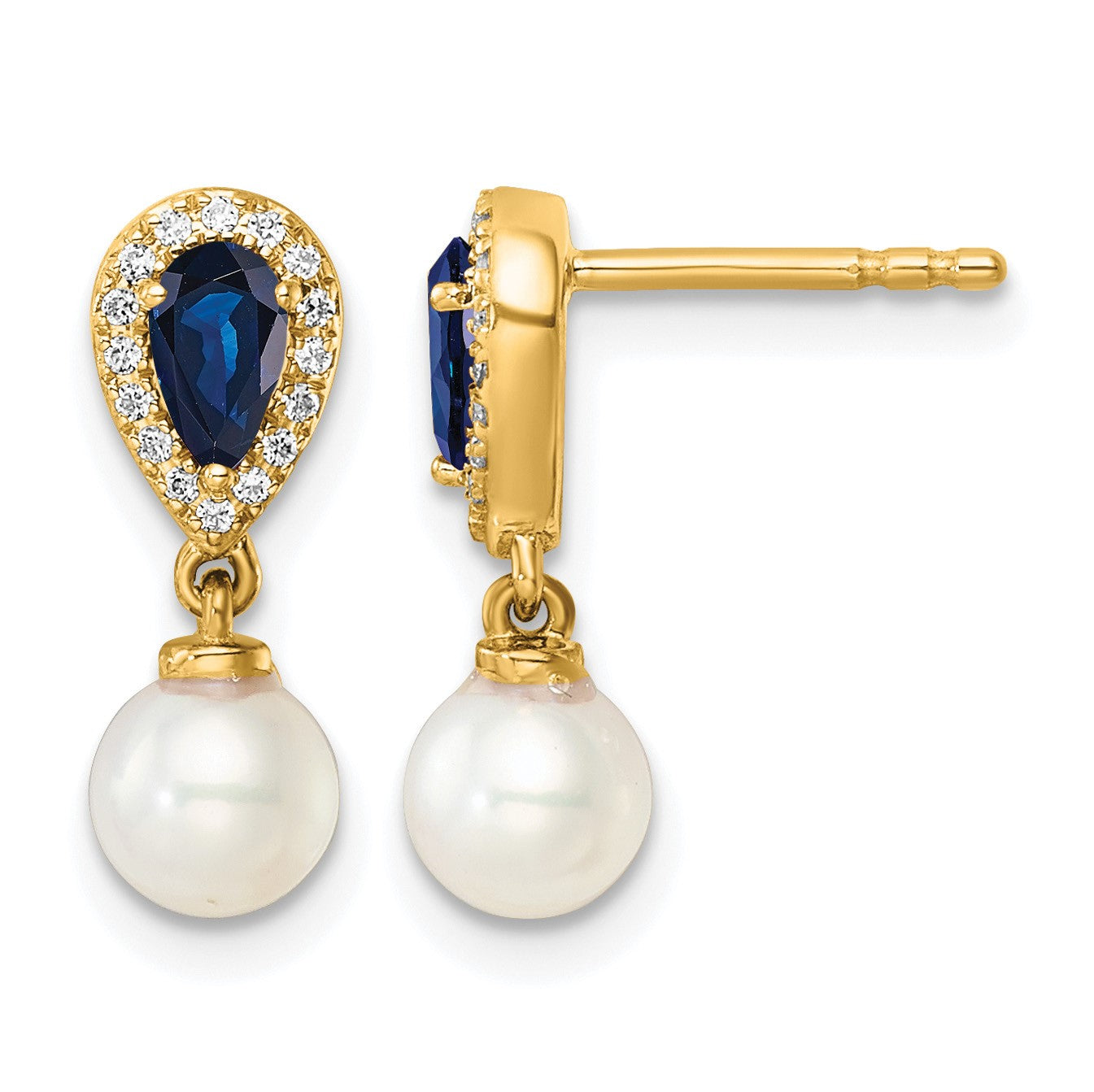 14K White Round Freshwater Cultured Pearl/.09 carat Diamond/Pear Sapphire Dangle Post Earrings