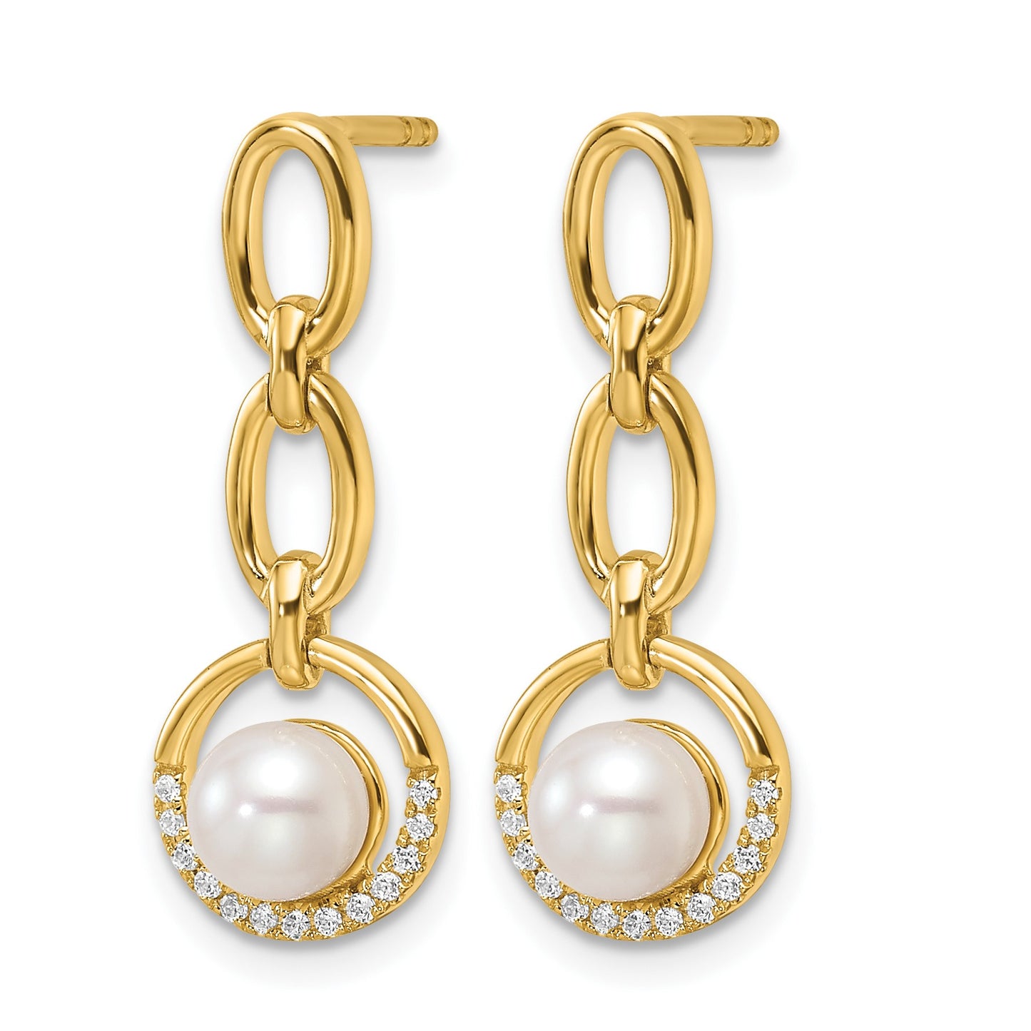 14K Polished 1/10 carat Diamond and White Freshwater Cultured Pearl Open Circle Dangle Post Earrings