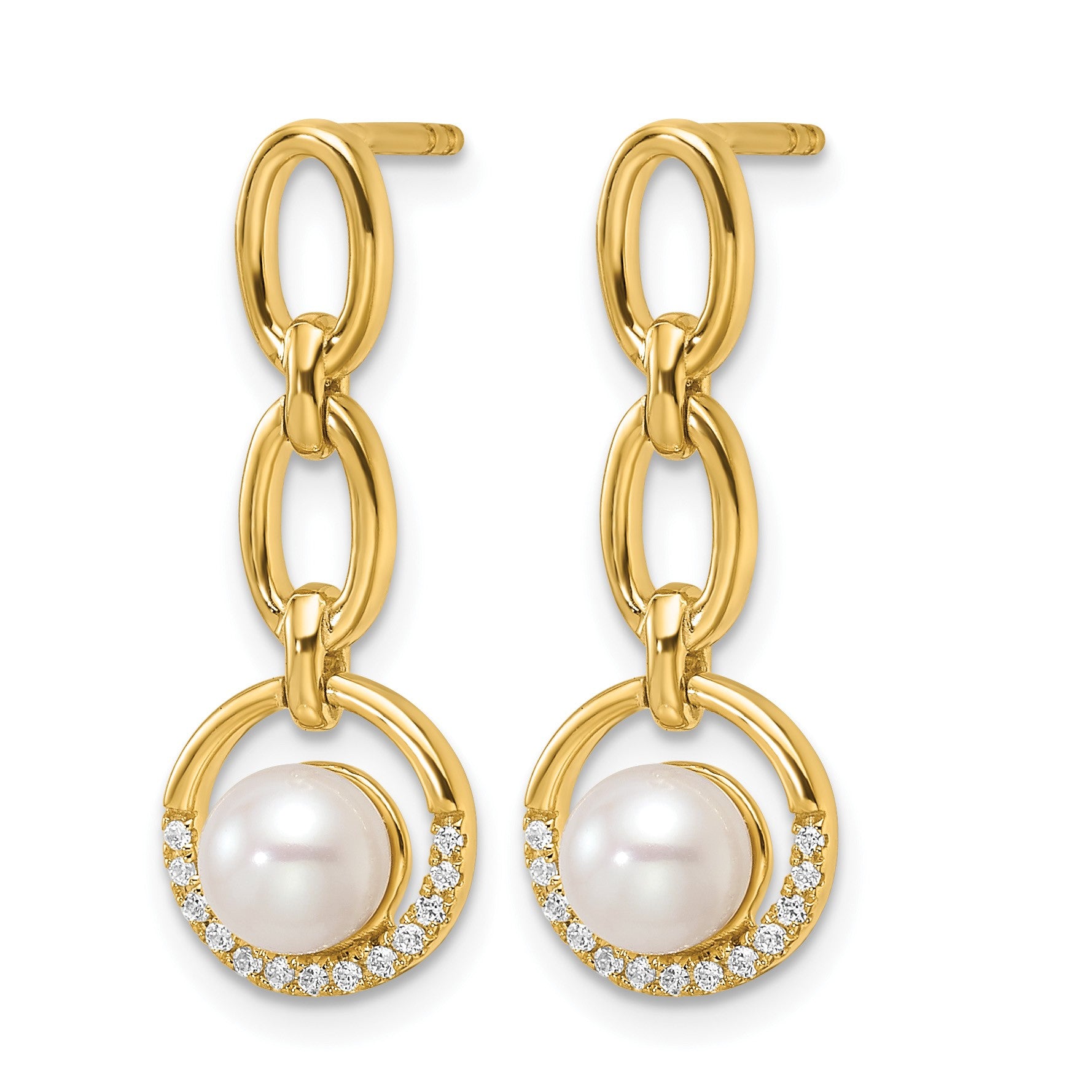 14K Polished 1/10 carat Diamond and White Freshwater Cultured Pearl Open Circle Dangle Post Earrings