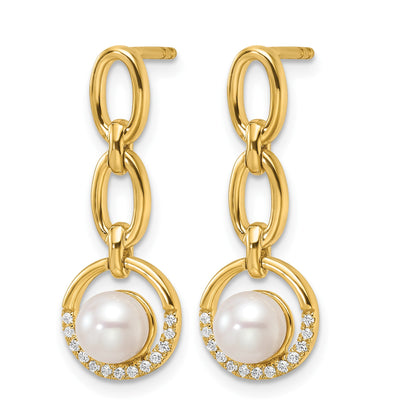 14K Polished 1/10 carat Diamond and White Freshwater Cultured Pearl Open Circle Dangle Post Earrings