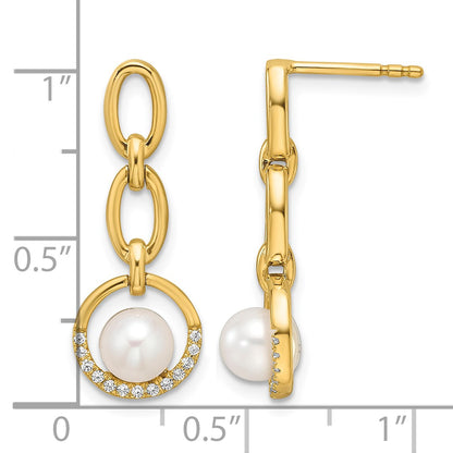 14K Polished 1/10 carat Diamond and White Freshwater Cultured Pearl Open Circle Dangle Post Earrings