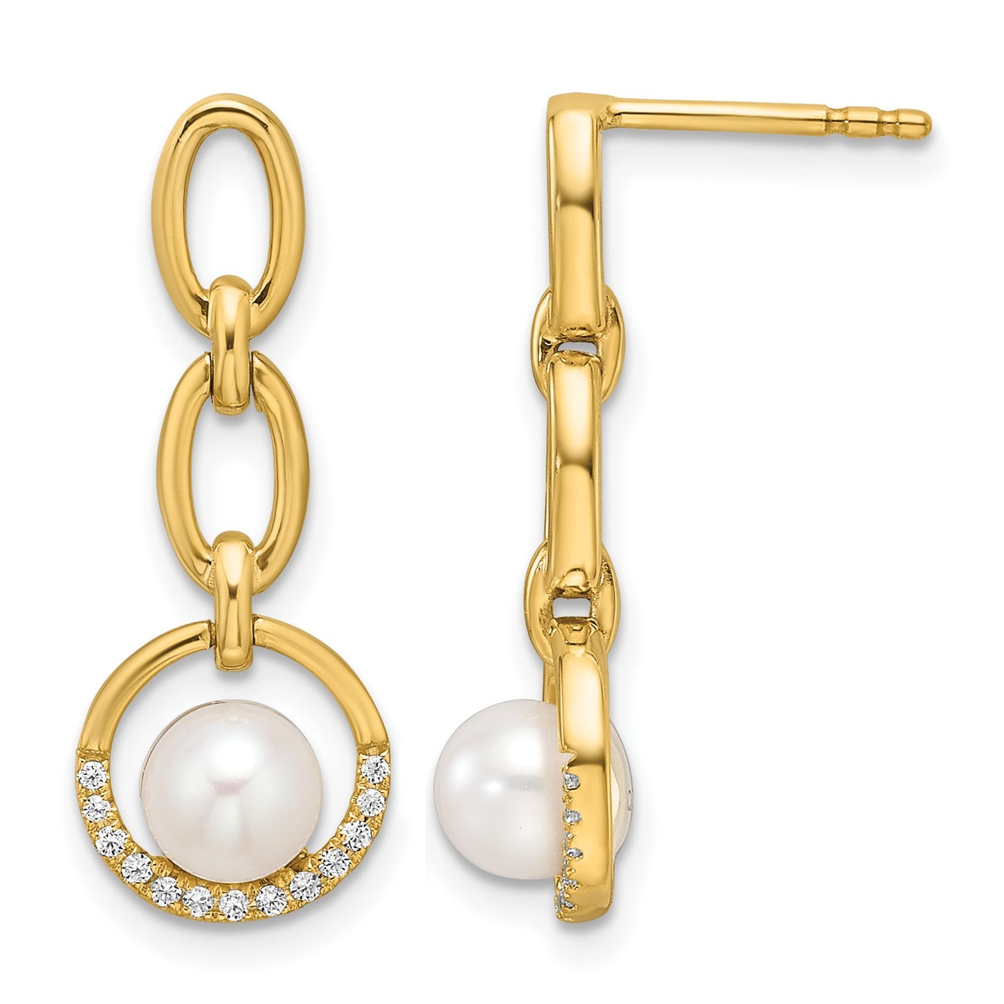 14K Polished 1/10 carat Diamond and White Freshwater Cultured Pearl Open Circle Dangle Post Earrings