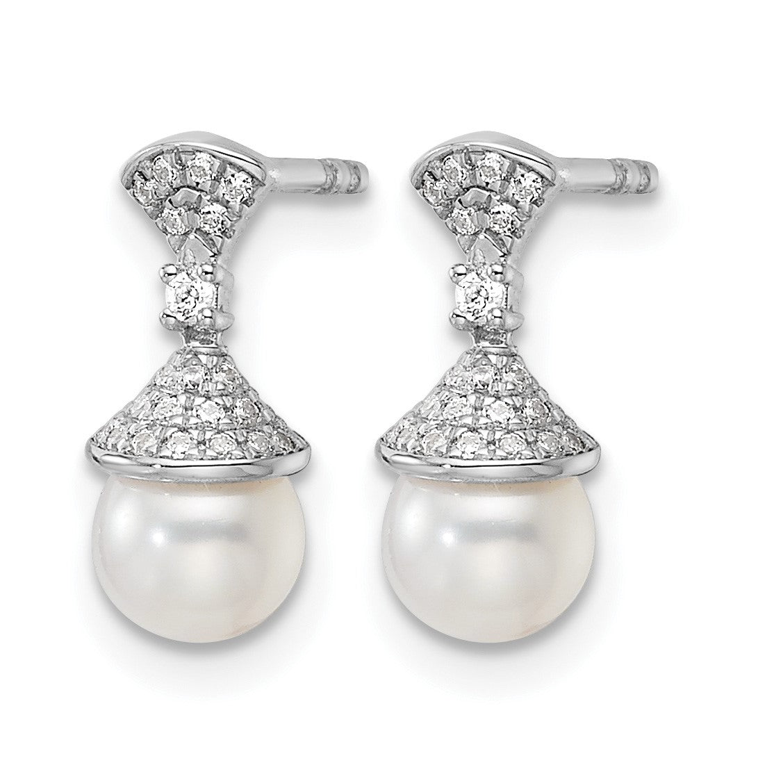 14K White Gold Polished 1/8 carat Diamond and White Freshwater Cultured Pearl Drop Post Earrings