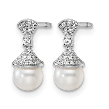 14K White Gold Polished 1/8 carat Diamond and White Freshwater Cultured Pearl Drop Post Earrings
