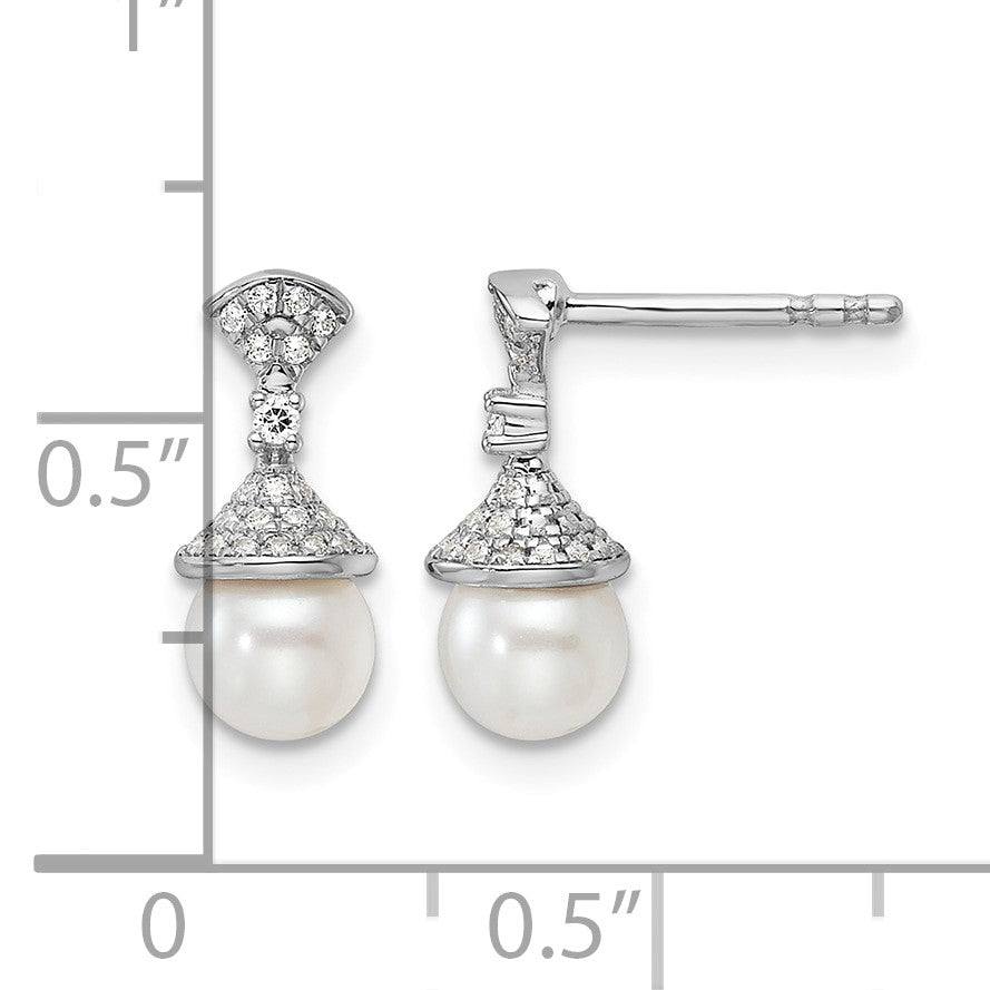 14K White Gold Polished 1/8 carat Diamond and White Freshwater Cultured Pearl Drop Post Earrings