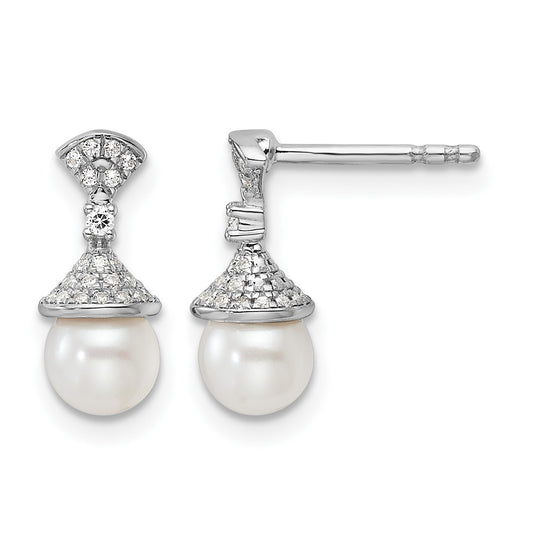 14K White Gold Polished 1/8 carat Diamond and White Freshwater Cultured Pearl Drop Post Earrings