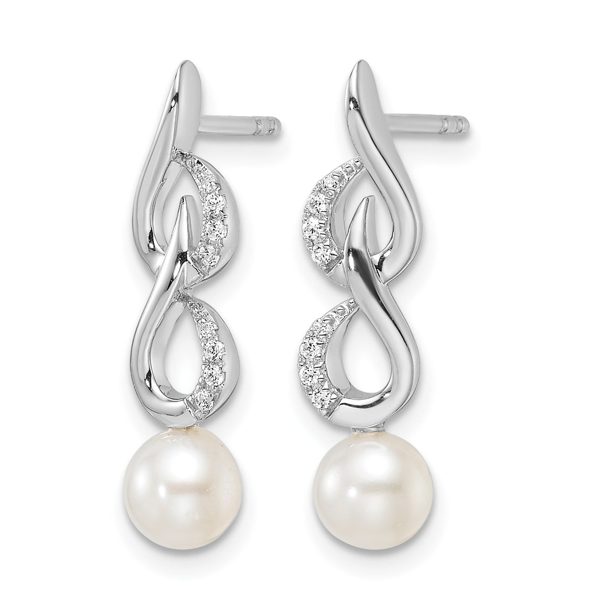 14K White Gold Polished 1/15 carat Diamond and White Freshwater Cultured Pearl Drop Post Earrings