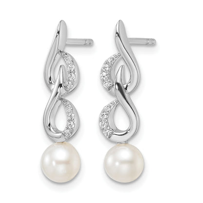 14K White Gold Polished 1/15 carat Diamond and White Freshwater Cultured Pearl Drop Post Earrings