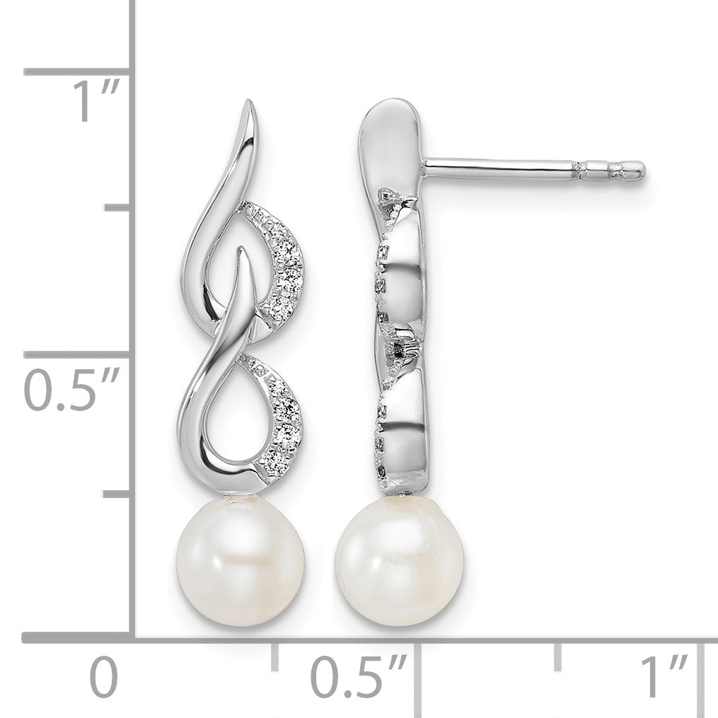 14K White Gold Polished 1/15 carat Diamond and White Freshwater Cultured Pearl Drop Post Earrings