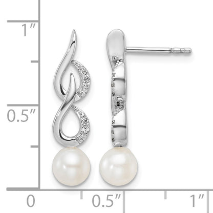 14K White Gold Polished 1/15 carat Diamond and White Freshwater Cultured Pearl Drop Post Earrings