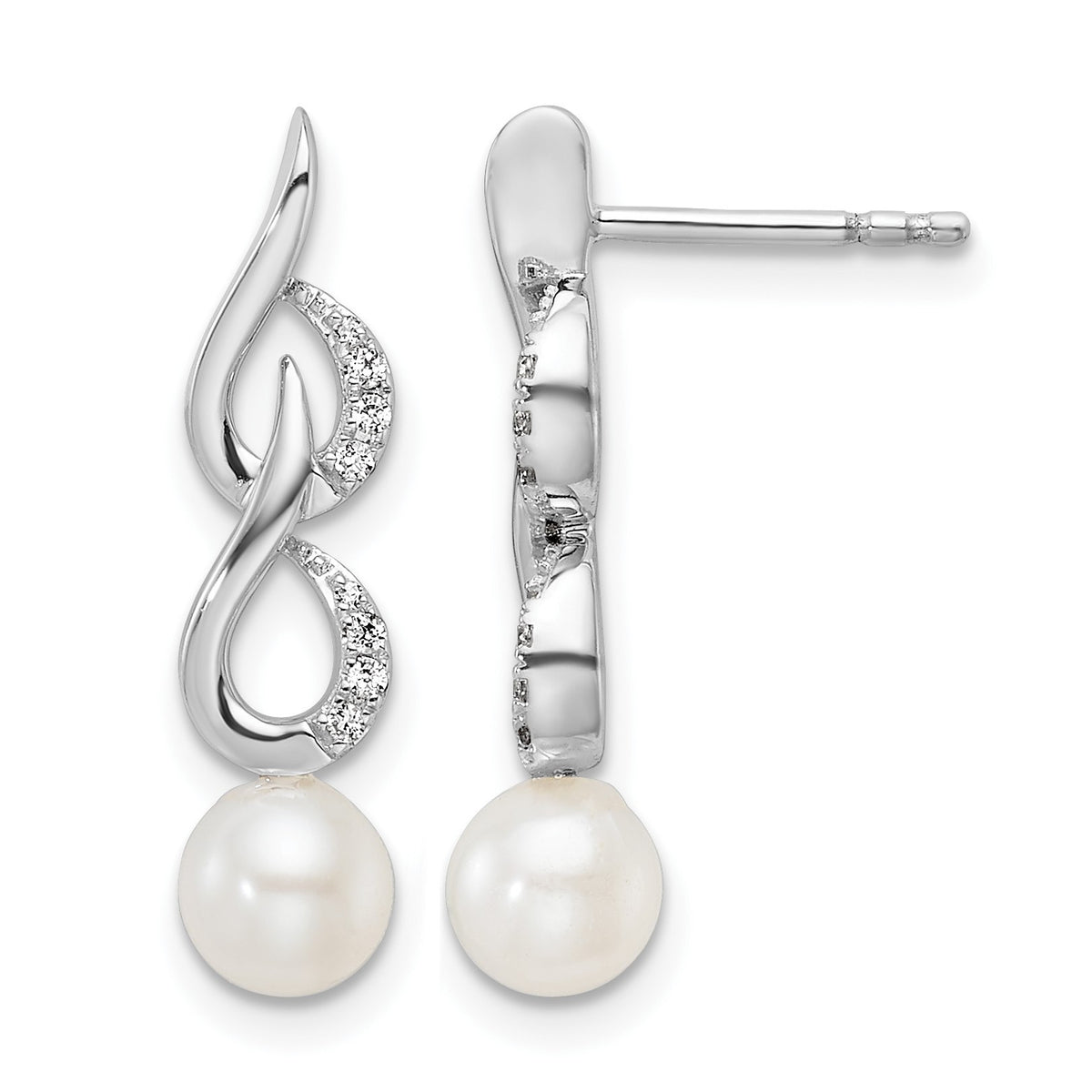 14K White Gold Polished 1/15 carat Diamond and White Freshwater Cultured Pearl Drop Post Earrings