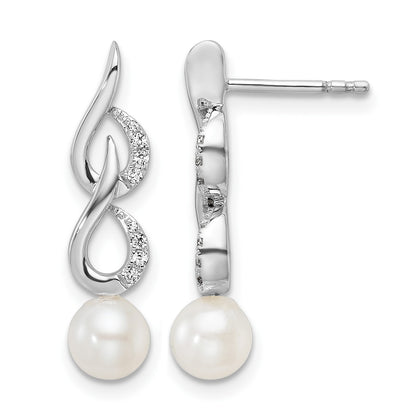 14K White Gold Polished 1/15 carat Diamond and White Freshwater Cultured Pearl Drop Post Earrings