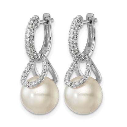 14K White Gold 10-11 White Round Freshwater Cultured Pearl .41 carat Diamond Hinged Hoop Earrings with Removable Dangles