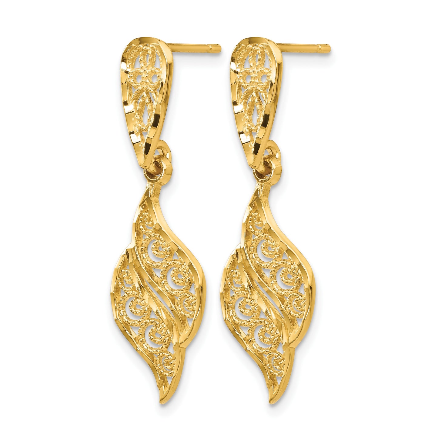 14k Polished Diamond-Cut Filigree Swirl Dangle Post Earrings