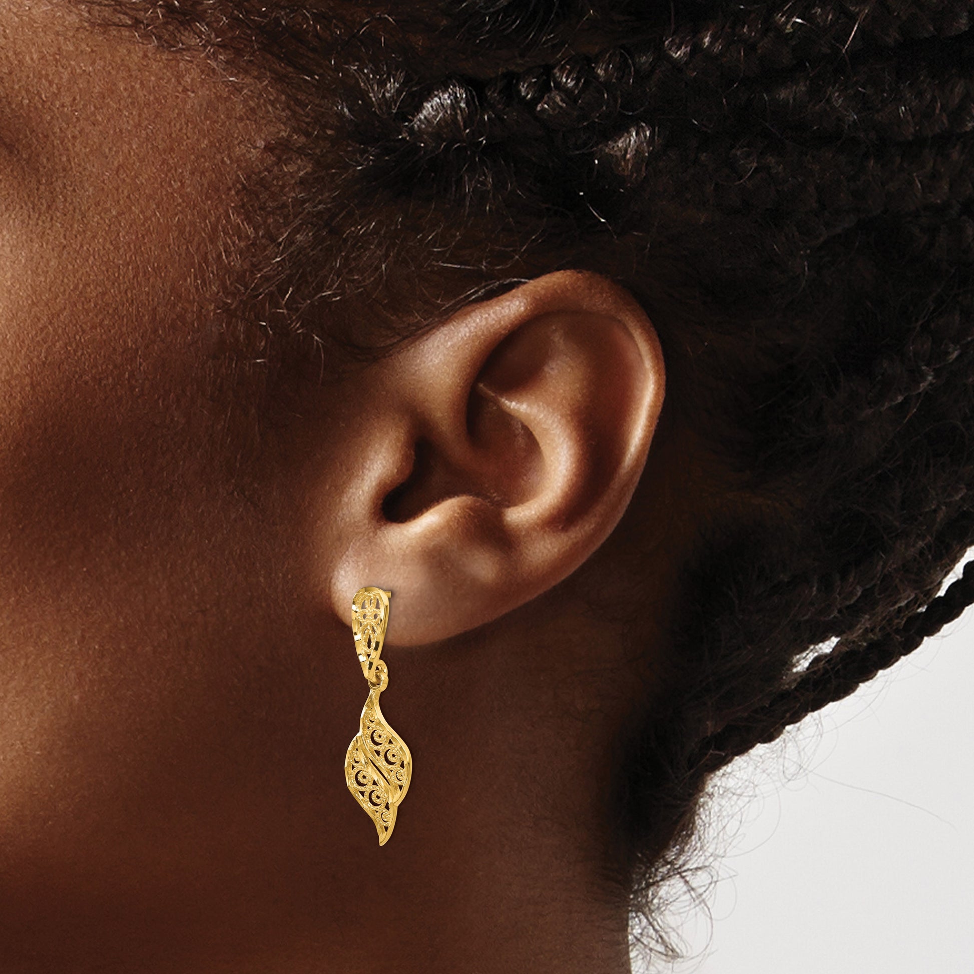 14k Polished Diamond-Cut Filigree Swirl Dangle Post Earrings
