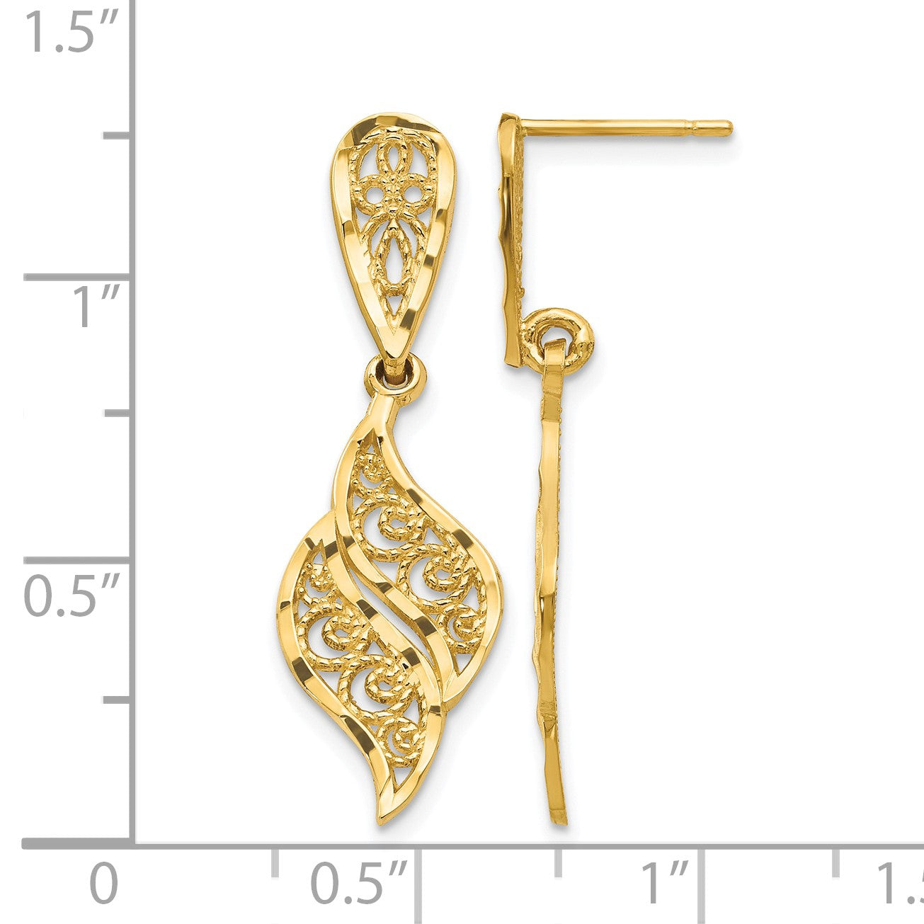 14k Polished Diamond-Cut Filigree Swirl Dangle Post Earrings