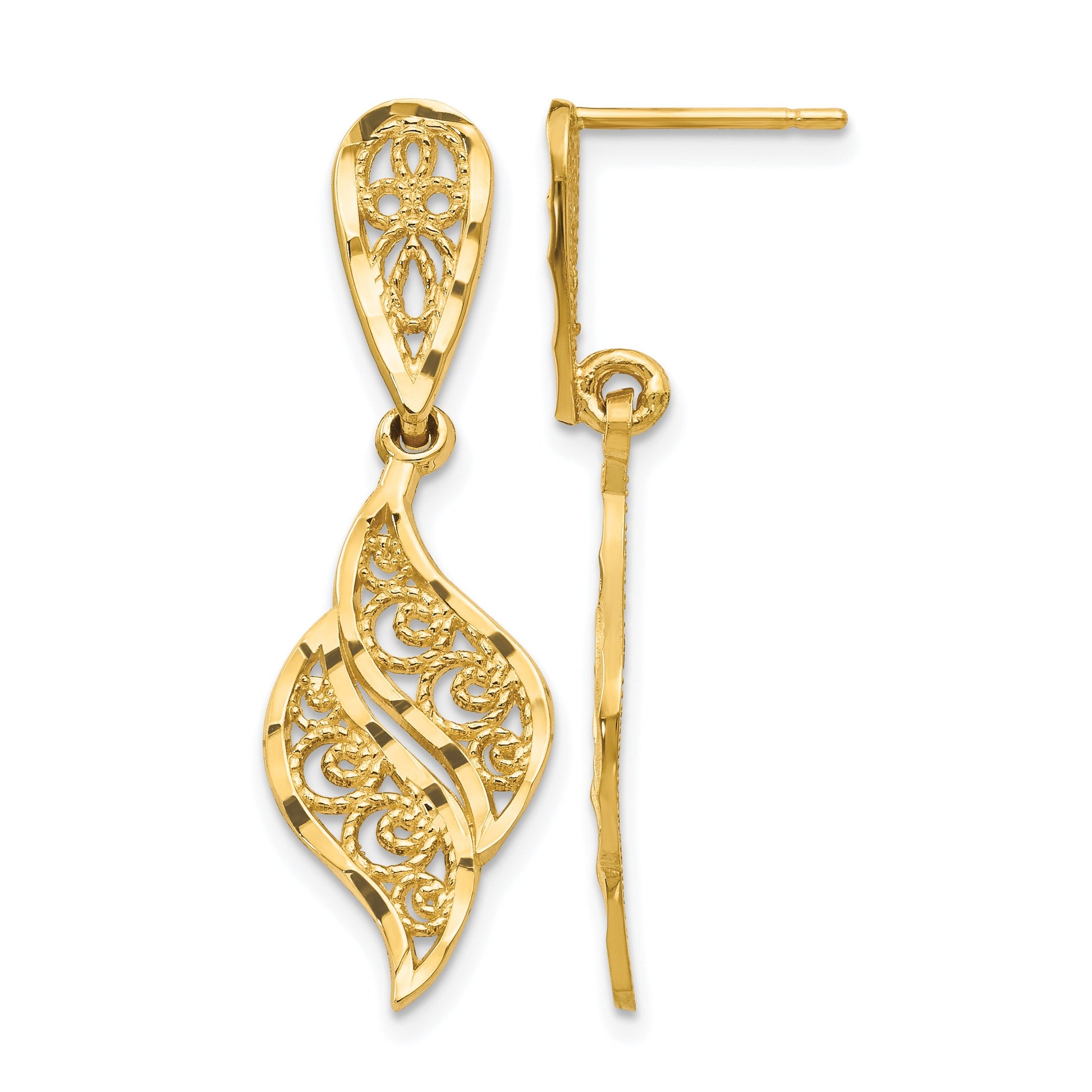 14k Polished Diamond-Cut Filigree Swirl Dangle Post Earrings