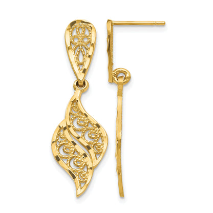 14k Polished Diamond-Cut Filigree Swirl Dangle Post Earrings
