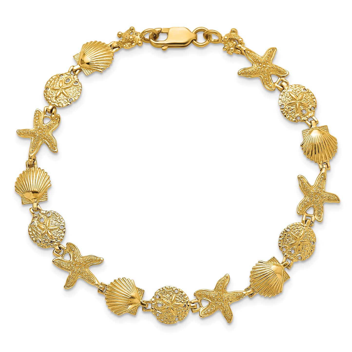 14k Polished Assorted Sea Shell Theme 7.5 inch Bracelet