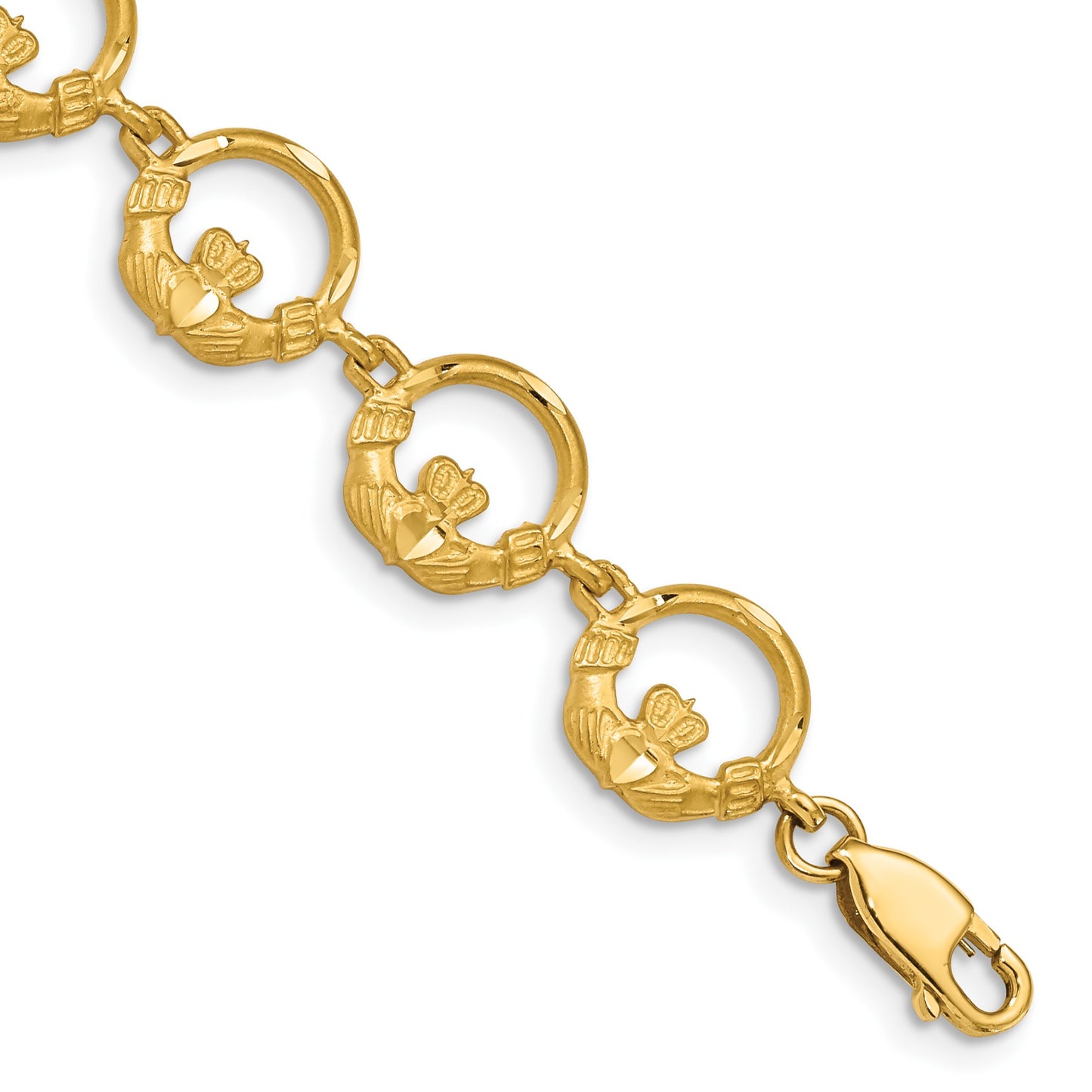 14K Diamond-cut Claddagh Circle Link 7 inch Bracelet