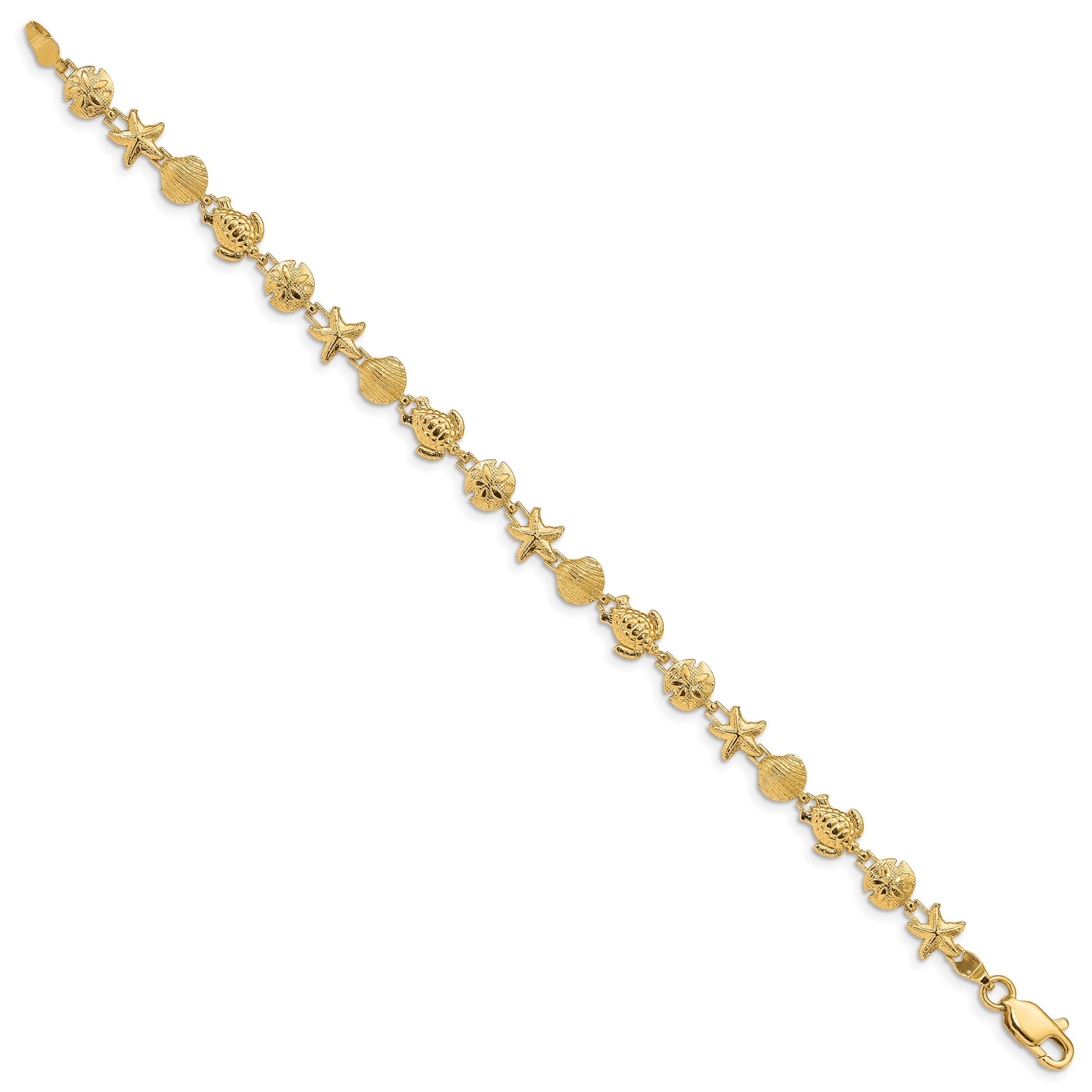 14k Polished and Textured Sea Life 7 inch Bracelet