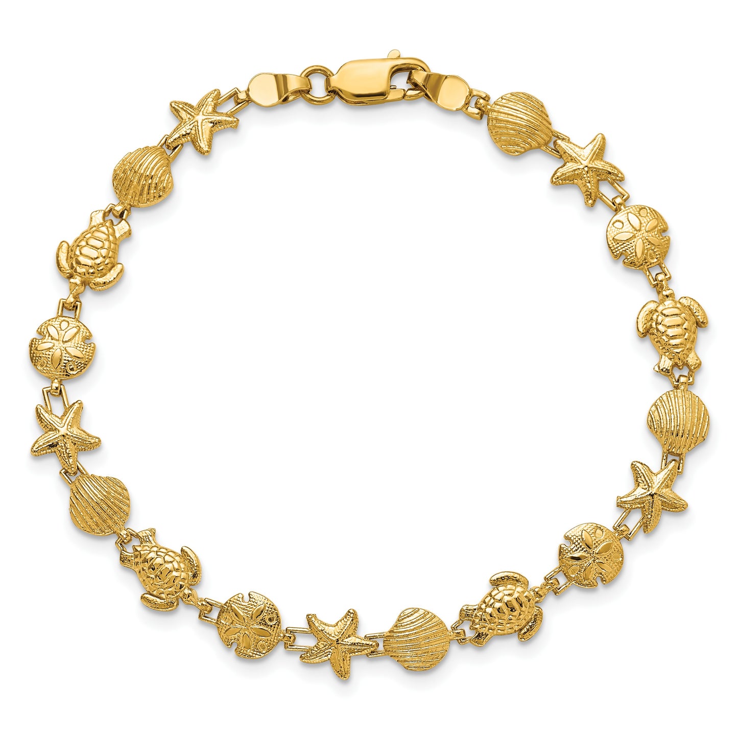14k Polished and Textured Sea Life 7 inch Bracelet