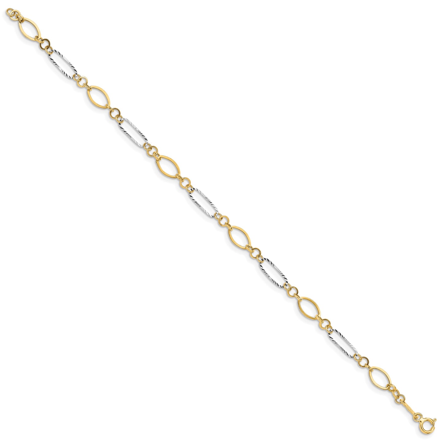 14k Two-tone Polished and Textured Oval Link 7.25 inch Bracelet