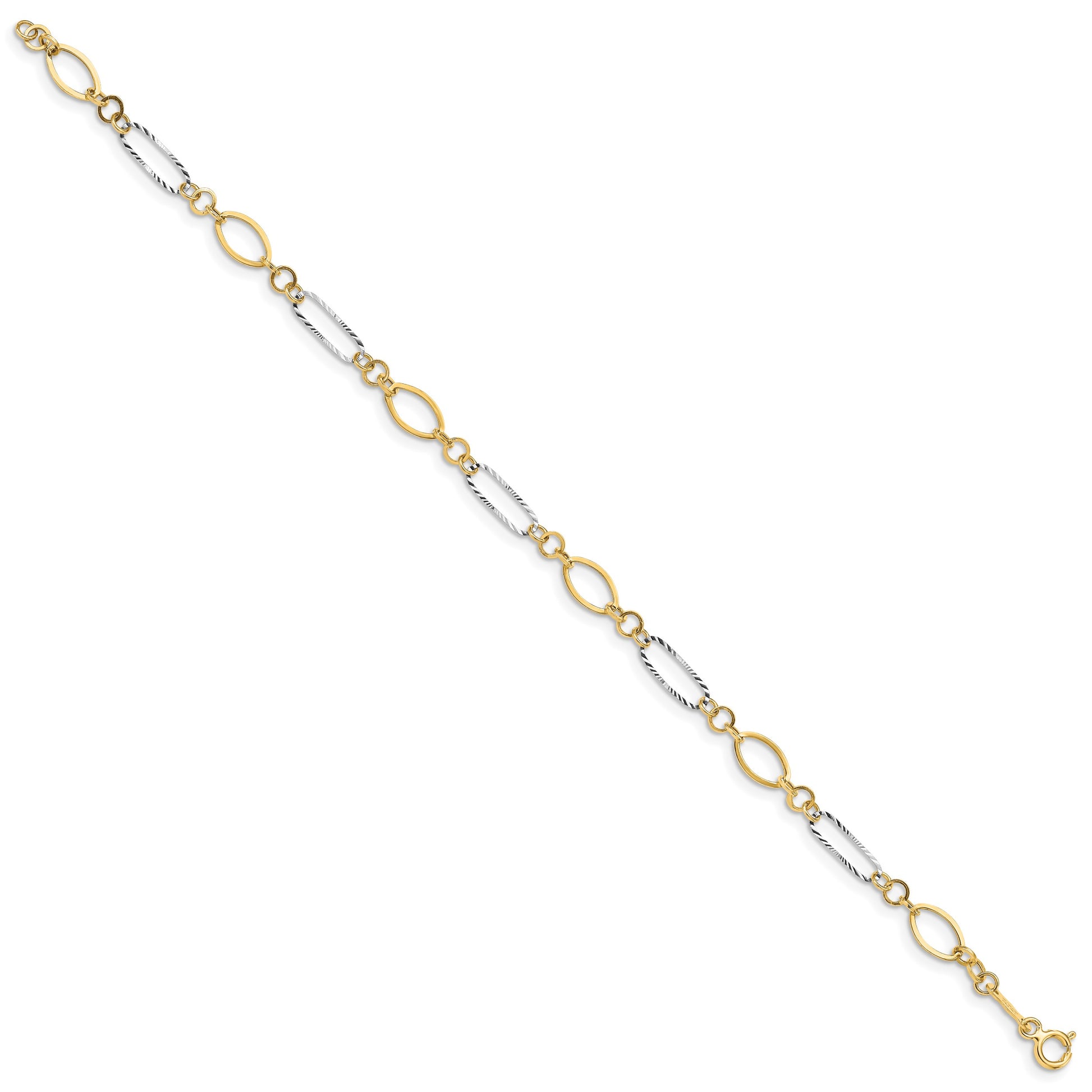 14k Two-tone Polished and Textured Oval Link 7.25 inch Bracelet