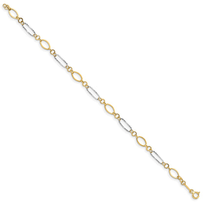 14k Two-tone Polished and Textured Oval Link 7.25 inch Bracelet