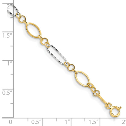 14k Two-tone Polished and Textured Oval Link 7.25 inch Bracelet