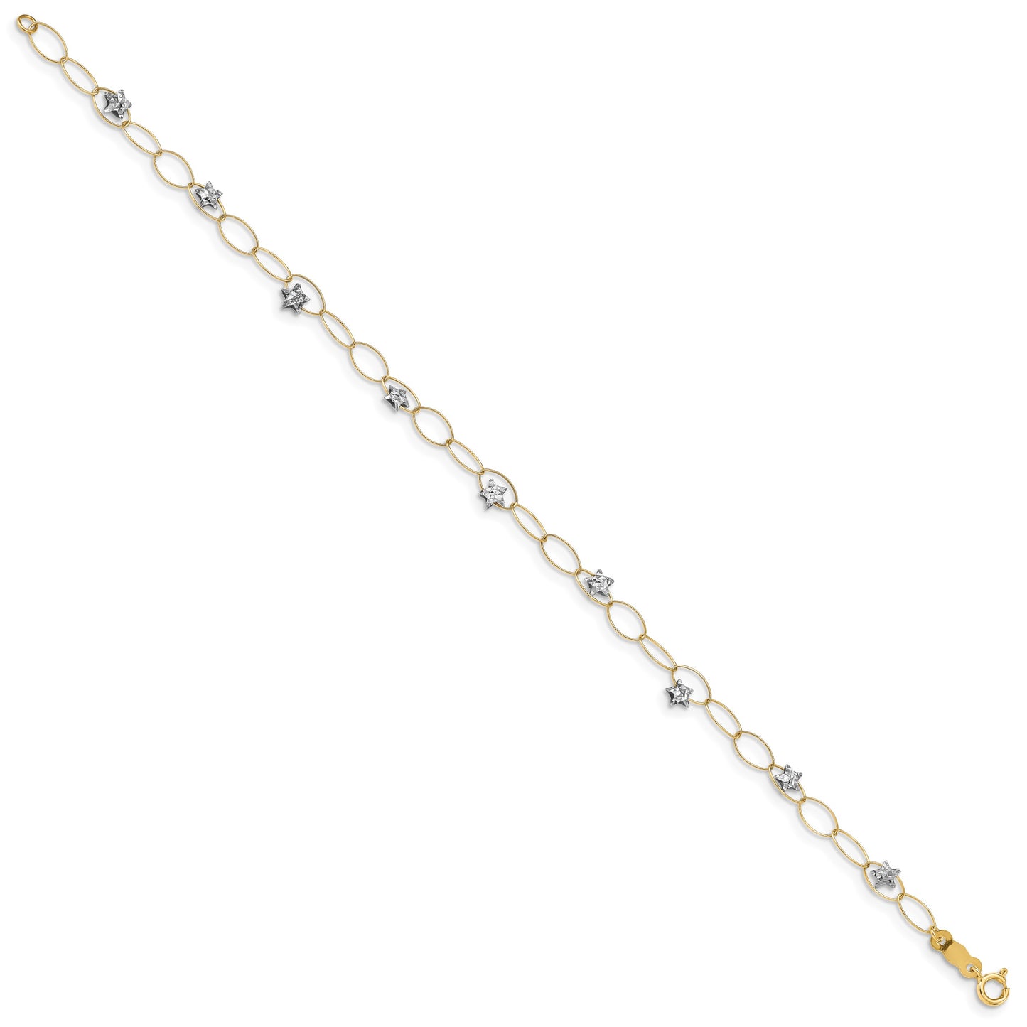 14k Two-tone Diamond-cut Puffed Stars and Oval Link 7.25 inch Bracelet
